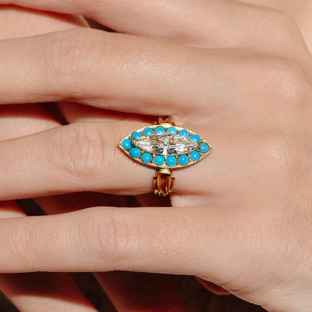 Bohemian 2.5ct Marquise Cut White Sapphire & Turquoise Statement Ring