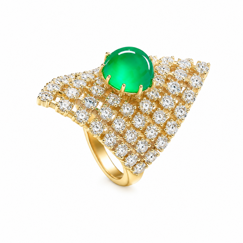 3.75ct Round Cut Green Sapphire Fan-Shaped Cocktail Ring with White Sapphire Mesh
