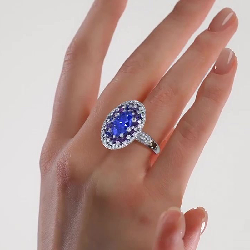 Pave Setting 2ct Oval Cut Blue Sapphire Signet Ring