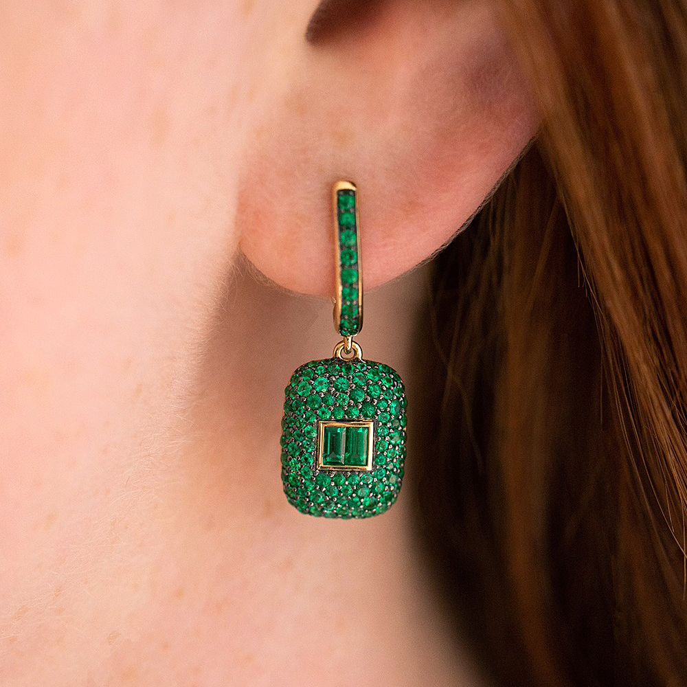 Micro Pave Setting Emerald Sapphire Dangle Earrings