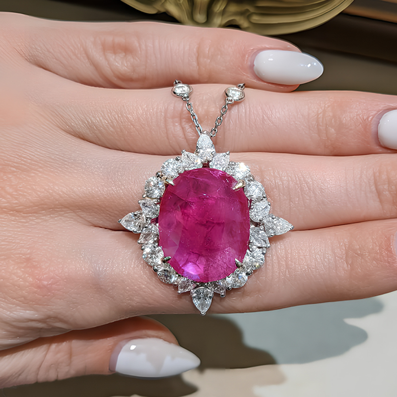 Ruby Sapphire Halo Pendant Necklace