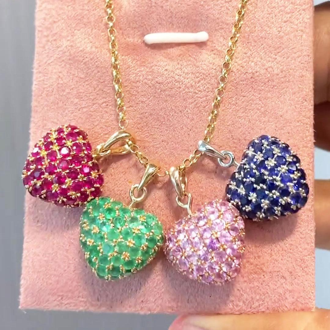 Round Cut Mulit-color Puffy Heart Pendant Necklaces