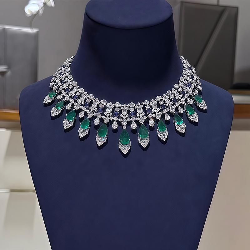 Emerald, Sapphire & White Sapphire Royal Fringe Choker Necklace
