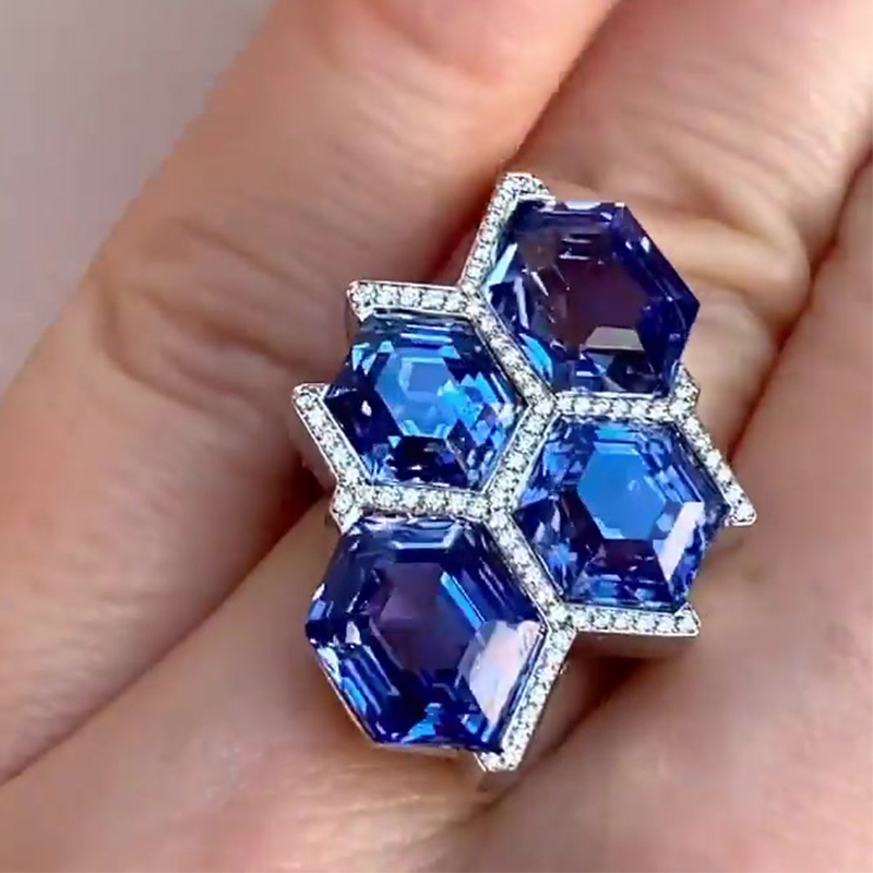 Geometric 12ctw Hexagon Cut Blue Sapphire Ring