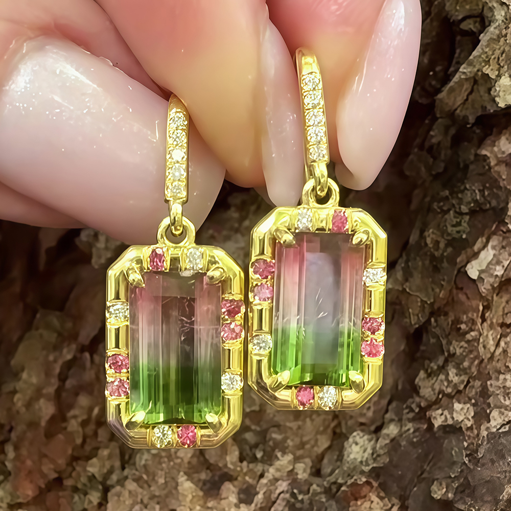 Watermelon Tourmaline Golden Color Earrings