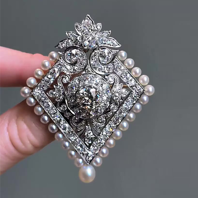 Convertible White Sapphire & Pearl Vintage Motif Brooch-Necklace