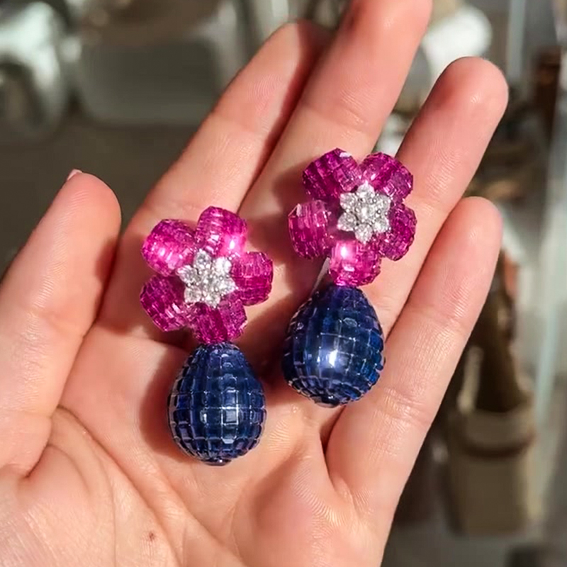 Invisible Setting Diamond&Ruby&Sapphire Dangle Earrings