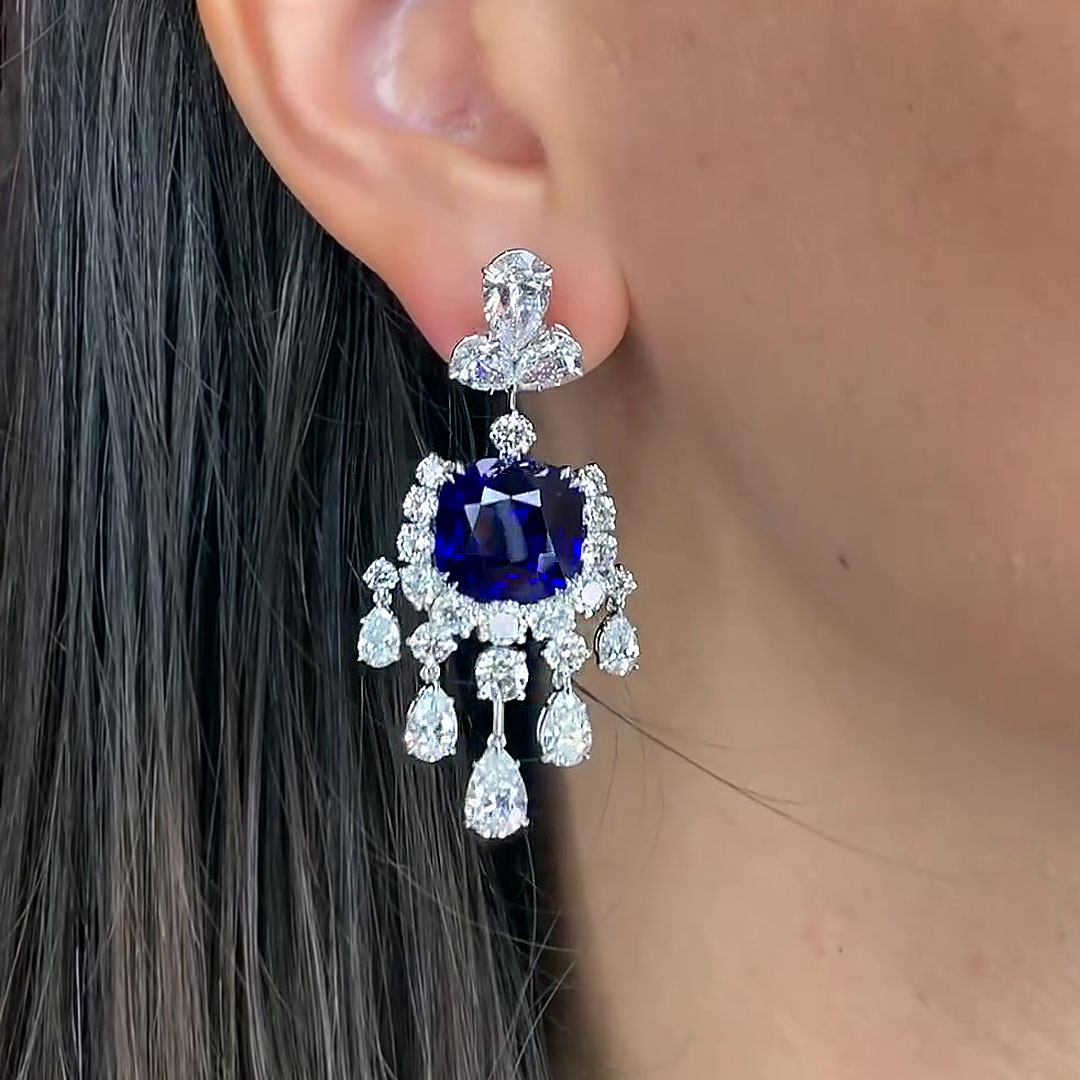 Art Design Blue&White Sapphire Dangle Earrings