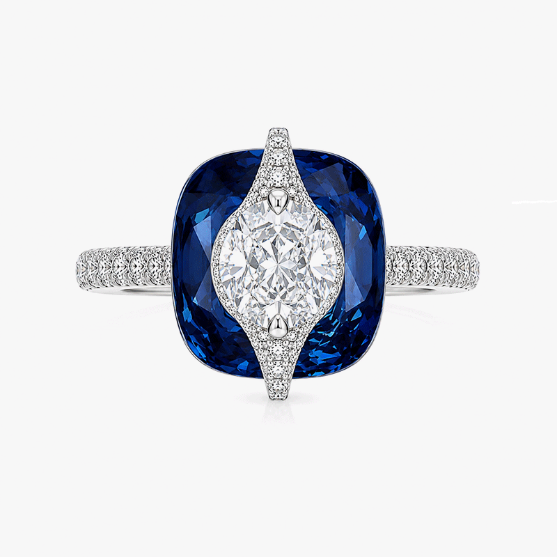 3D Layered 4.75ct Cushion Cut Blue & Round Cut White Sapphire Cocktail Ring