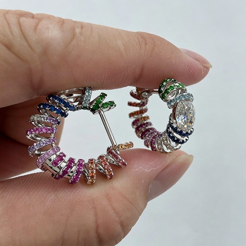 Oval Cut White & Round Cut Multicolor Sapphire Rainbow Twist Hoop Earrings