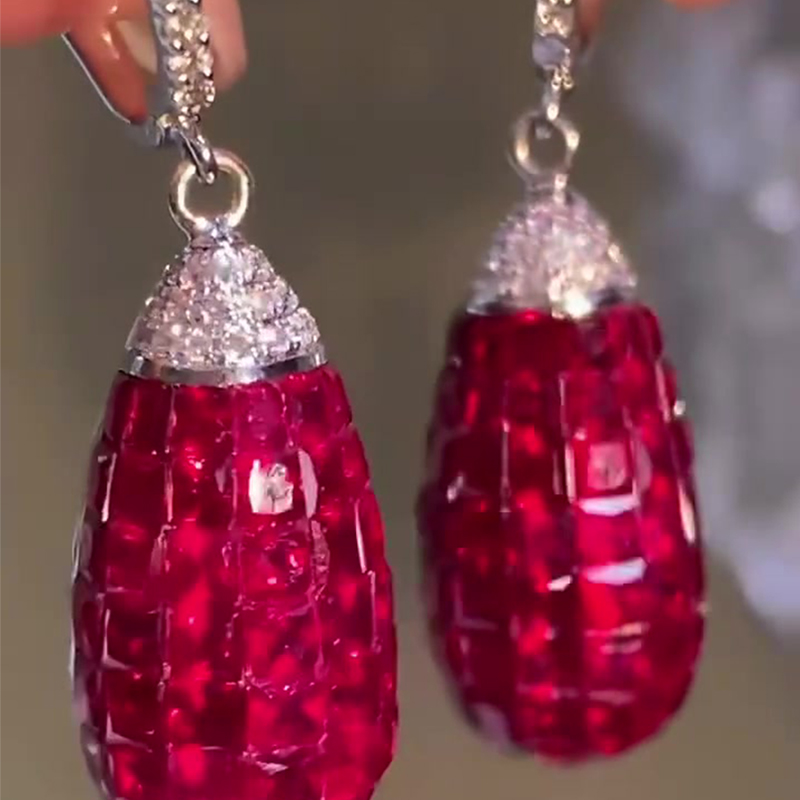 Invisible Setting Princess Cut Ruby Sapphire Teardrop Earrings