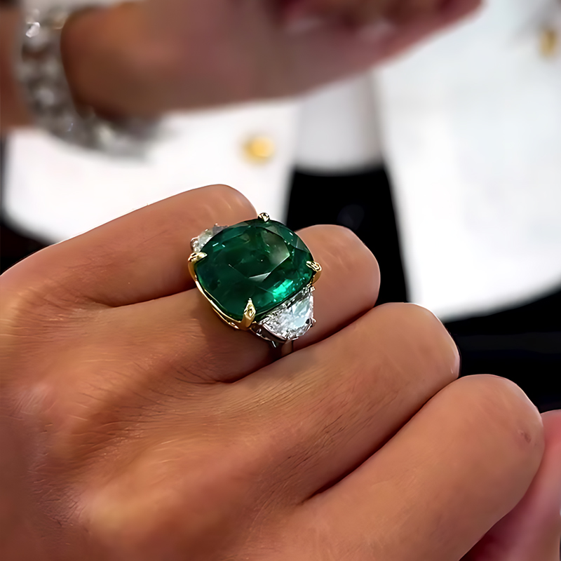 5ct Cushion Cut Emerald Sapphire Three-stone Ring