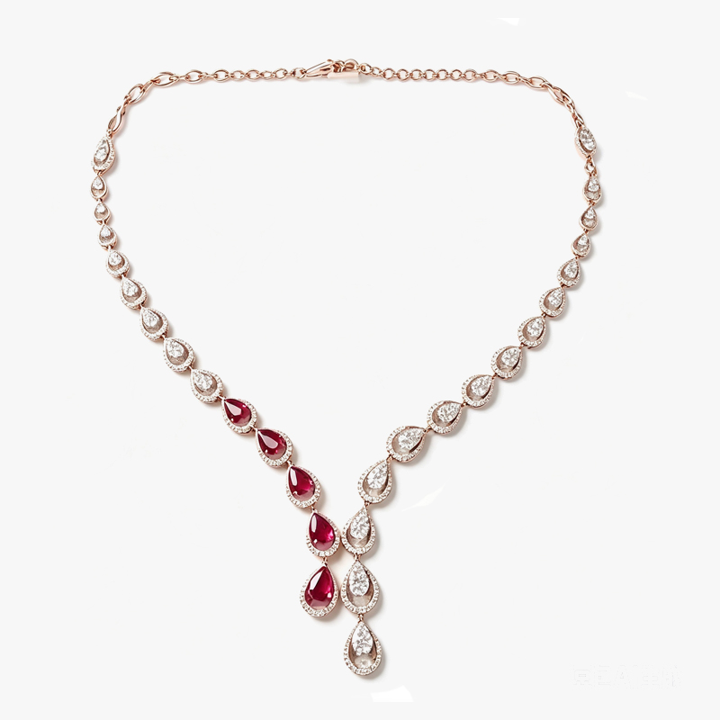 Fashion Pear Cut Red & Round Cut White Sapphire Two Tone Necklace