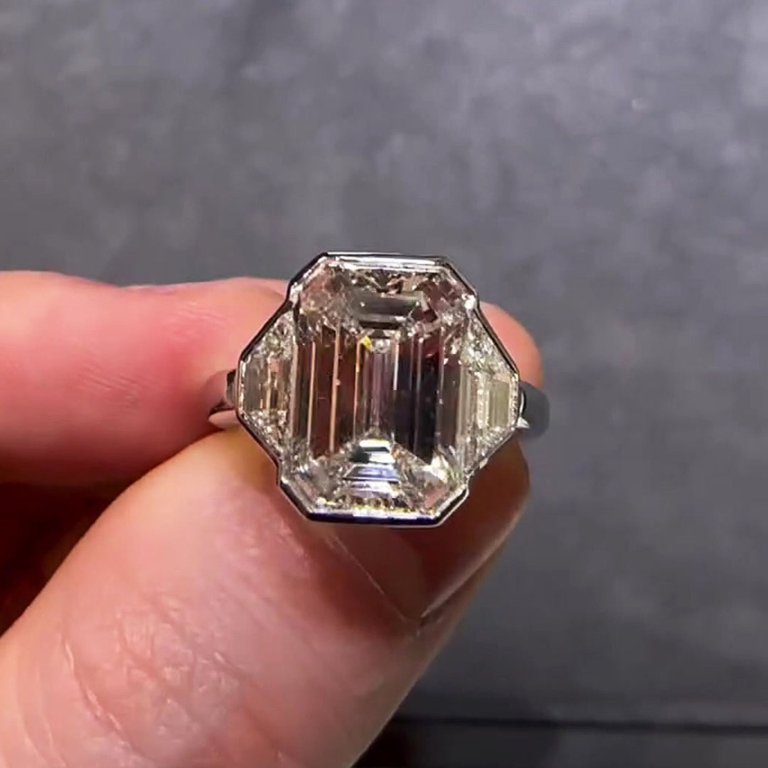 4ct Bezel Setting Emerald Cut White Sapphire Three-stone Engagement Ring