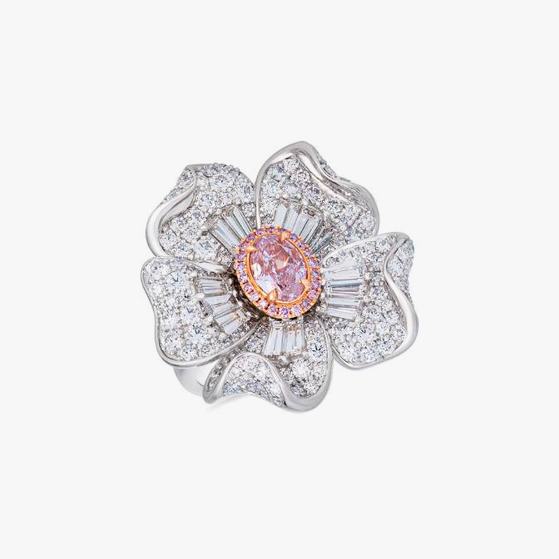 Fashion 2.75ct Oval Cut Pink Sapphire Pave Multi-Cut 3D Flower Engagement Ring