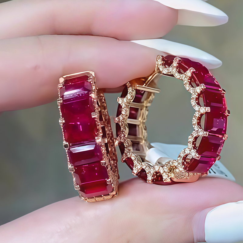 12.00ctw Emerald Cut Vivid Red Ruby & White Sapphire Hoop Earrings