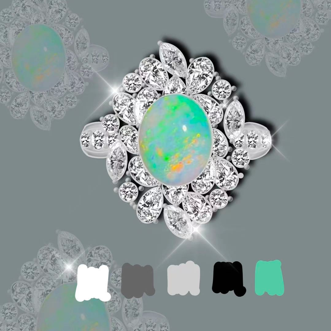 Original Design - Oval Cabochon Cut Opal & White Moissanite Engagement Ring