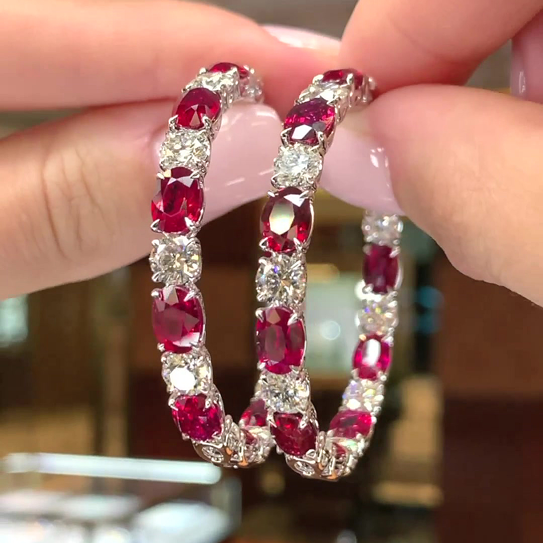 Oval Cut Ruby Sapphire Hoop Earrings