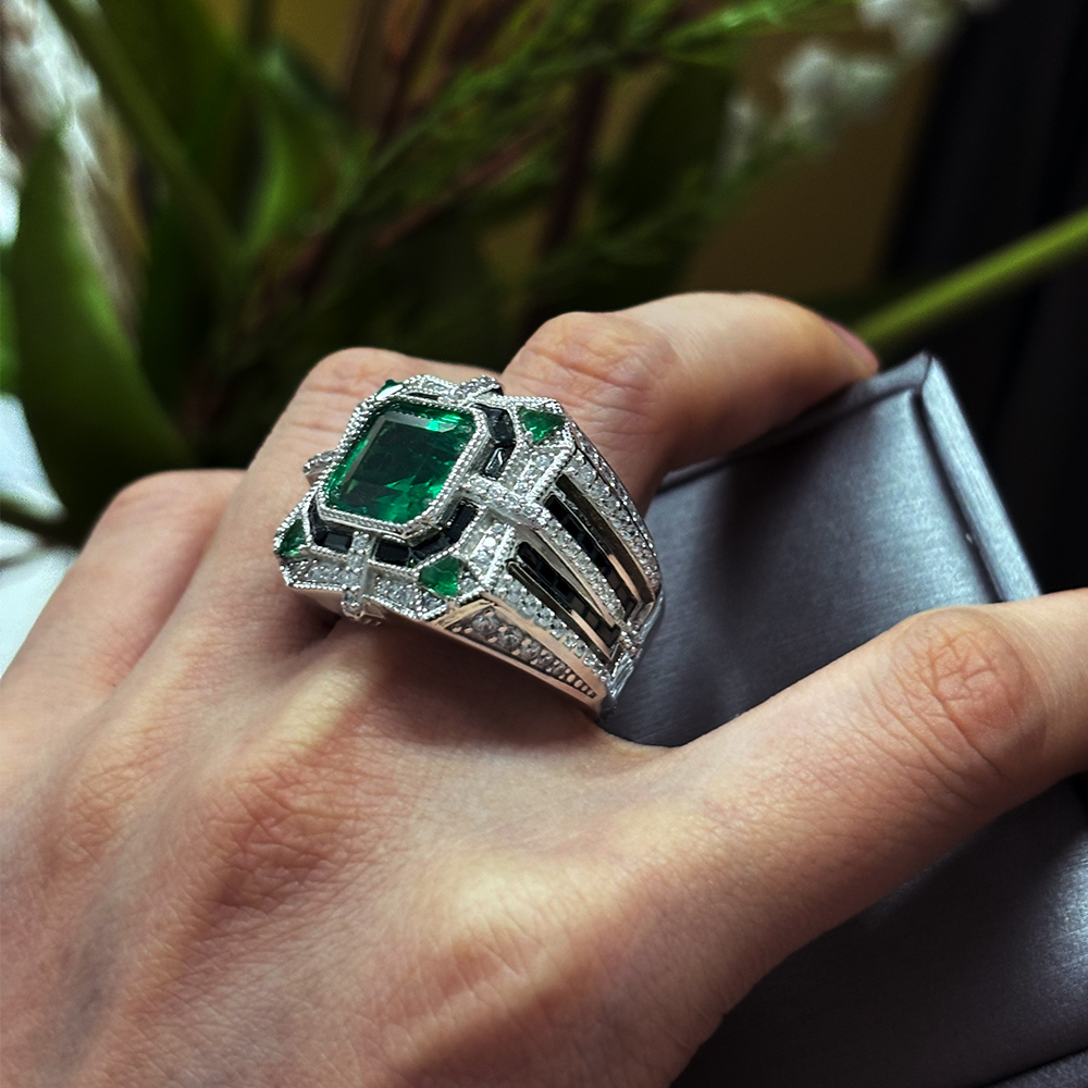 Art Deco 5ct Asscher Cut Emerald Sapphire Ring for Men