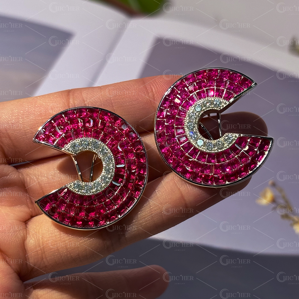 Invisible Setting Ruby&White Sapphire Scallop Earrings