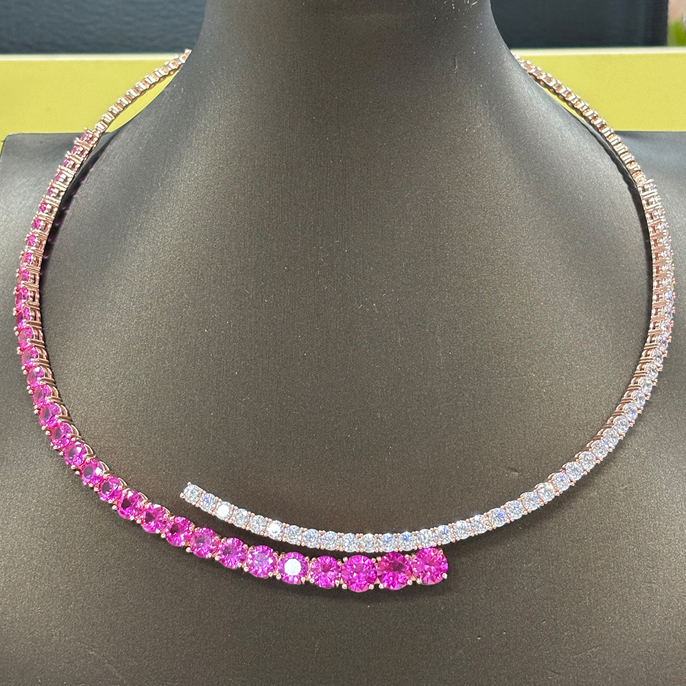 Two Tone Pink&White Sapphire Open Choker Necklace