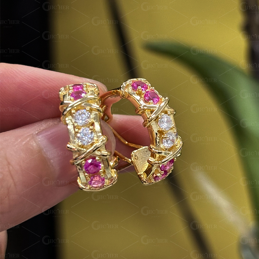Two Tone Round Cut Pink&White Sapphire Hoop Earrings
