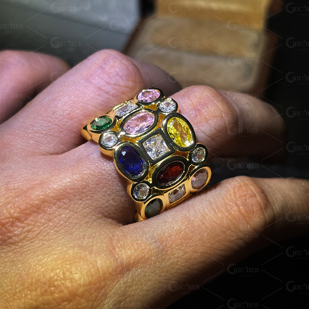 Three Row 5.85ct Rainbow Sapphire Wedding Band