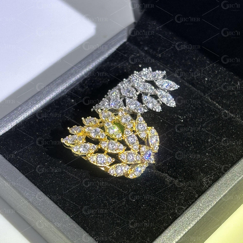 Two Tone Leaves 1.8ct Round Cut White Sapphire Cocktail Ring