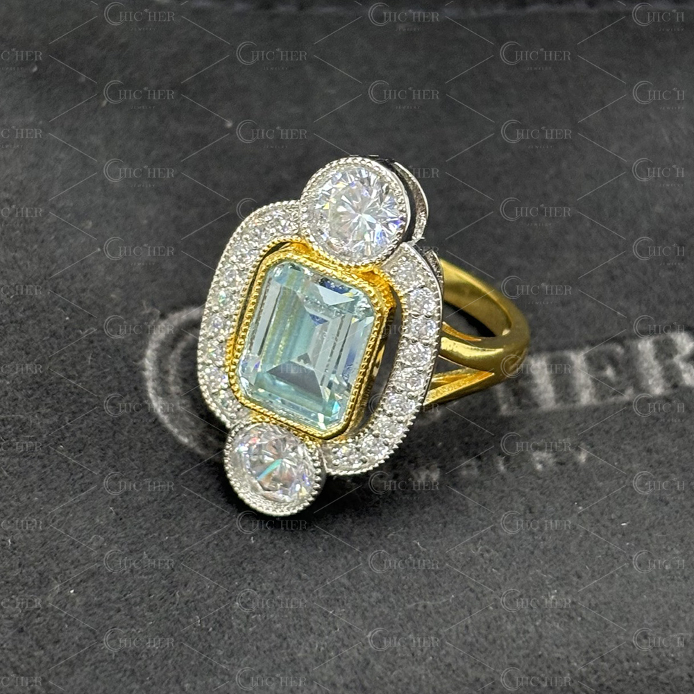 4ct Art Deco Design Emerald Cut Aquamarine Ring