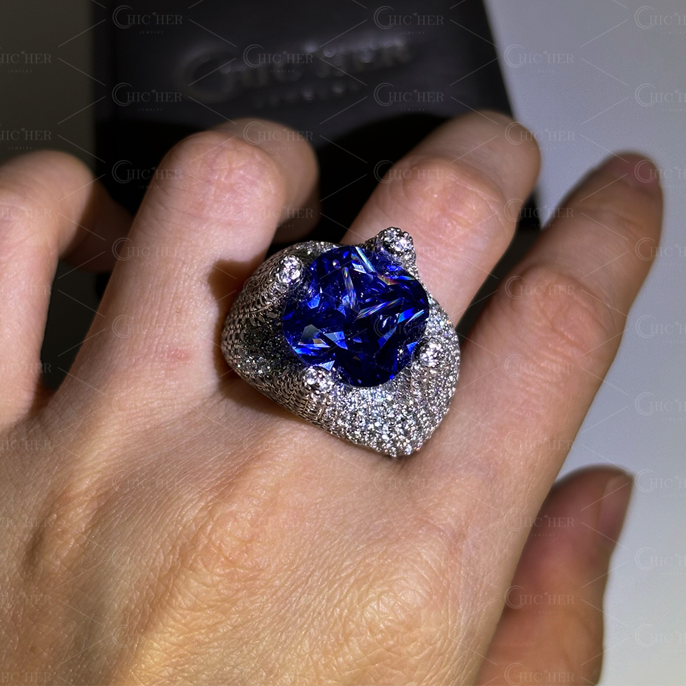 7ct Paved Setting Cushion Cut Blue Sapphire Cocktail Ring