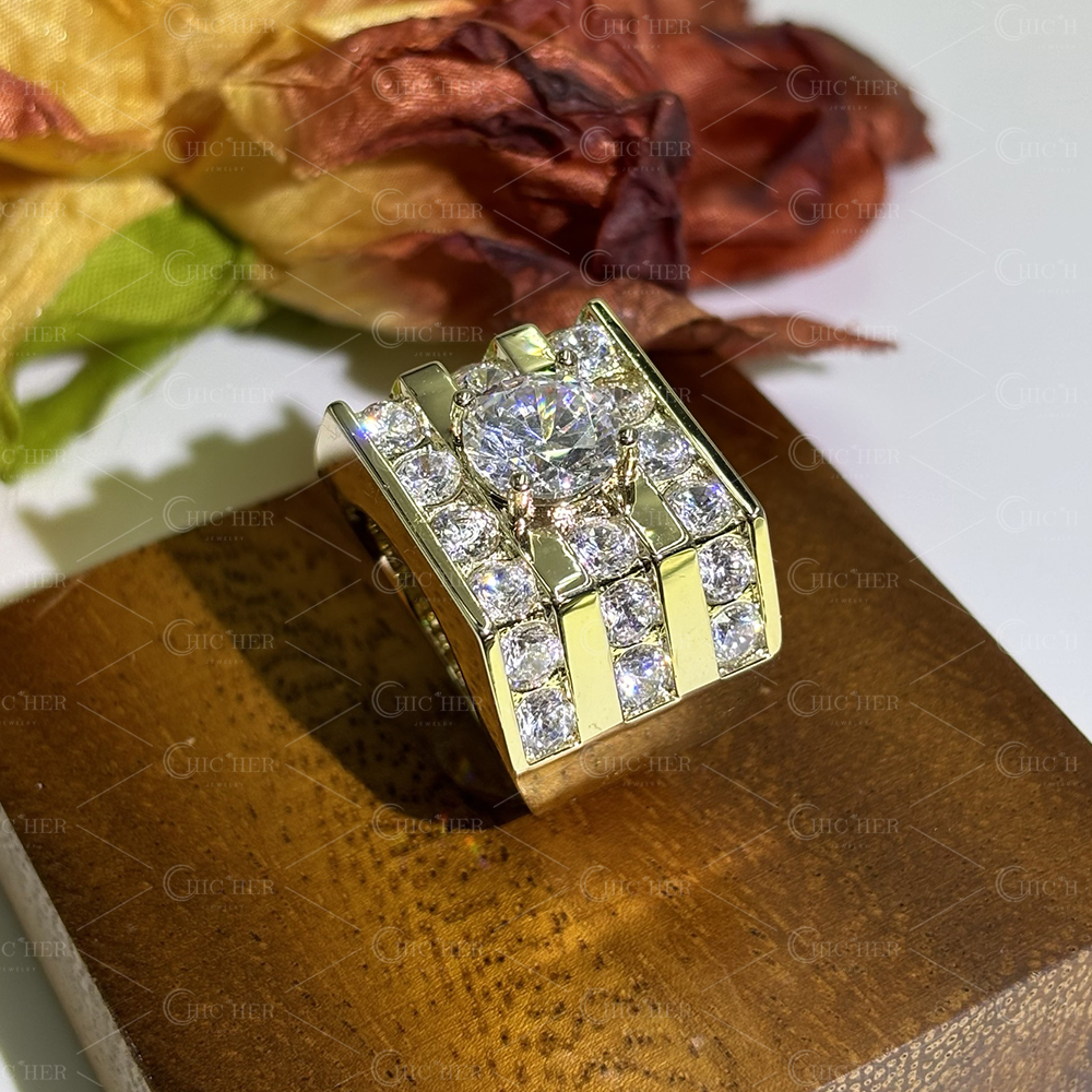 3ct Round Cut Men's Wide Band in Gold