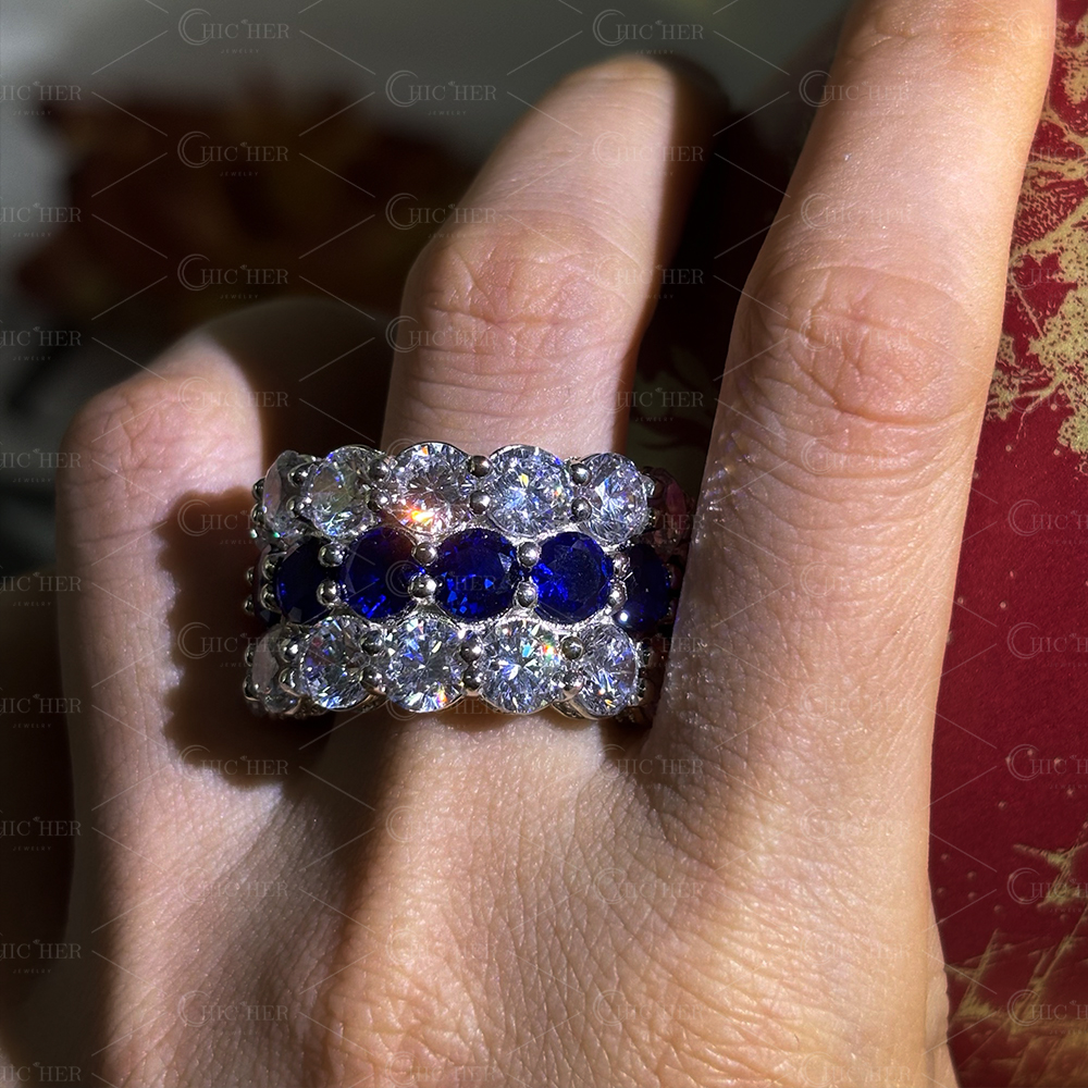 Two Style Round Cut Sapphire&Diamond Wedding Band