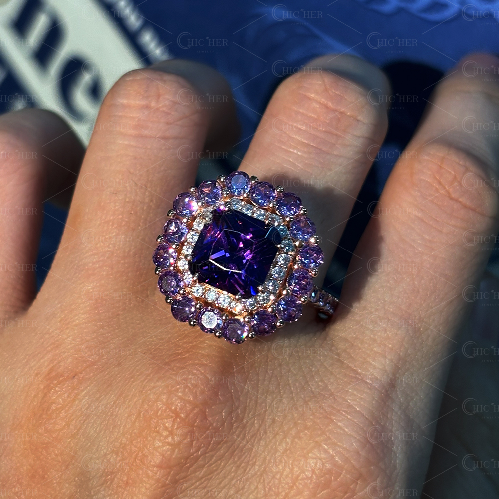 Double Halo 4ct Radiant Cut Amethyst Sapphire Engagement Ring