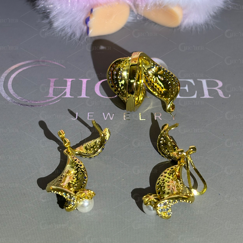 Leaf Design White Pearl&Gradient Sapphire Earrings&Ring Jewelry Set