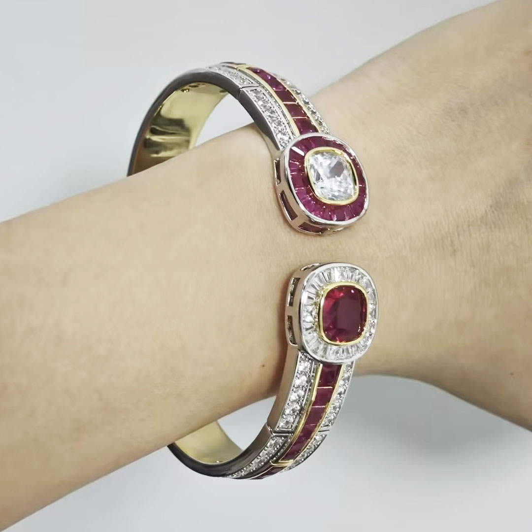 Two-Tone Cushion Cut White&Ruby Sapphire Bracelet