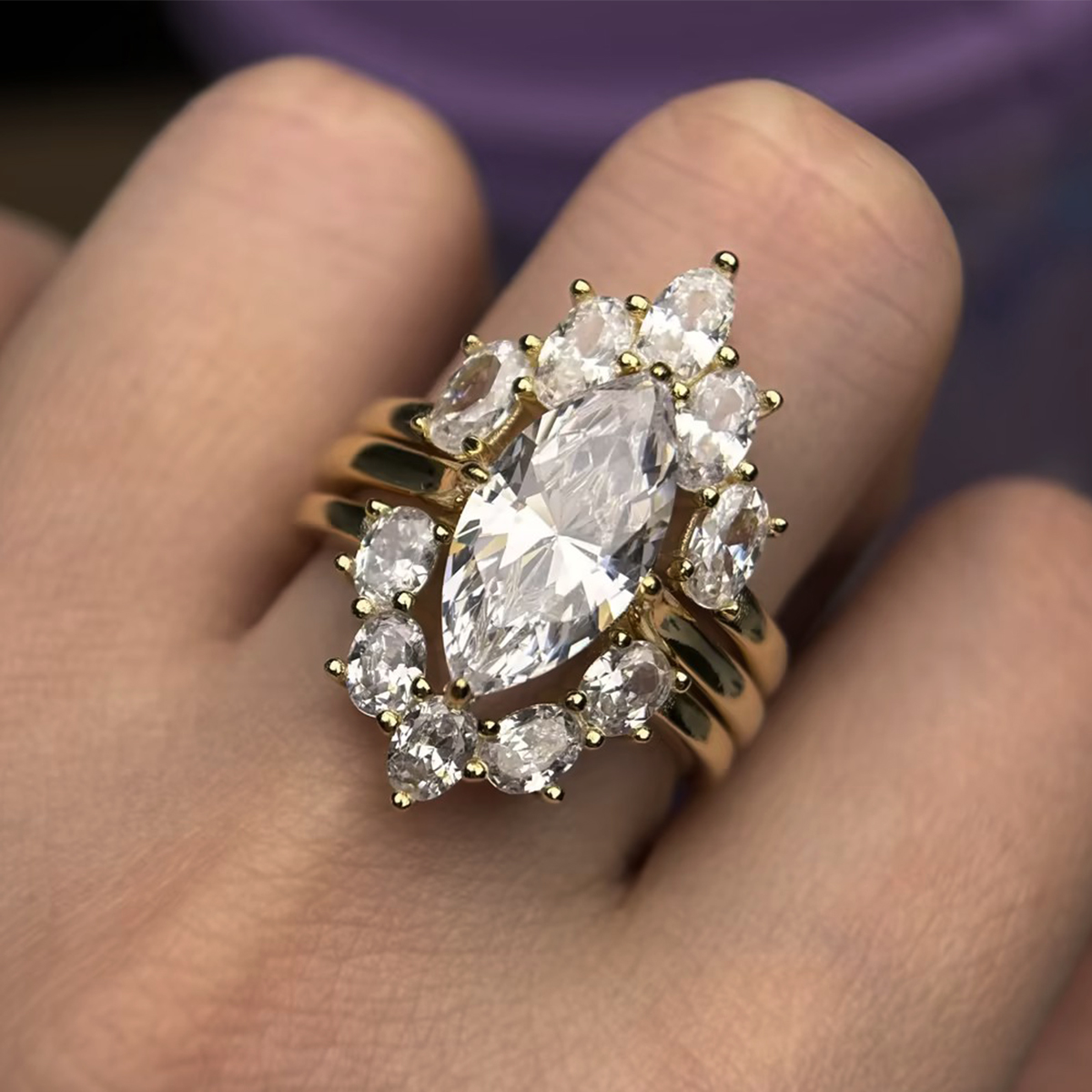 3ct Crown Design Marquise Cut White Sapphire Halo Ring Set / 3pcs