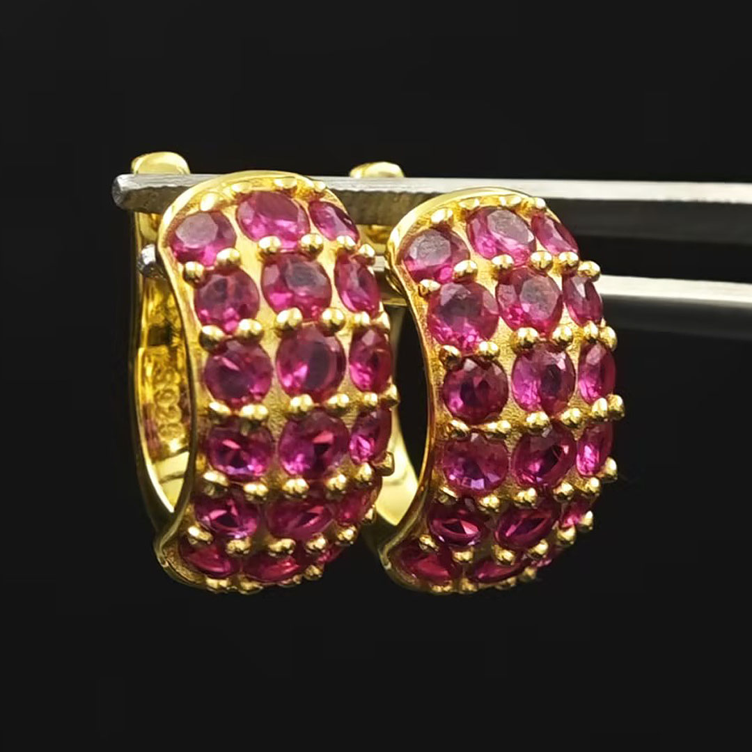 Pavé Setting Round Cut Ruby Sapphire Drop Earrings