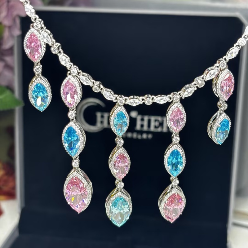 Marquise Cut Pink & Aquamarine Cascading Fringe Statement Necklace