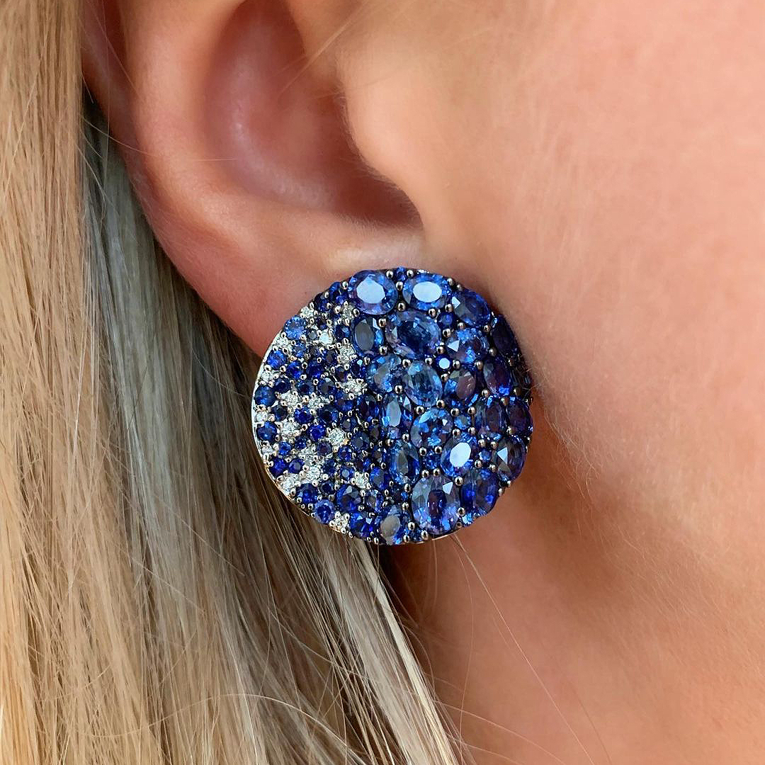 Micro-pave Setting Oval Cut Blue Sapphire Stud Earrings