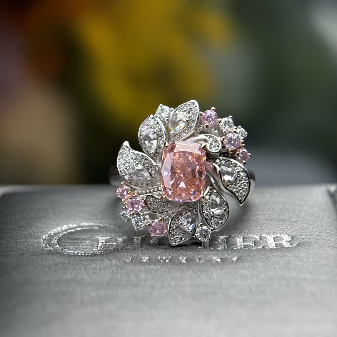 Original Design - 2ct Cushion Cut Pink Sapphire & White Moissanite Engagement Ring