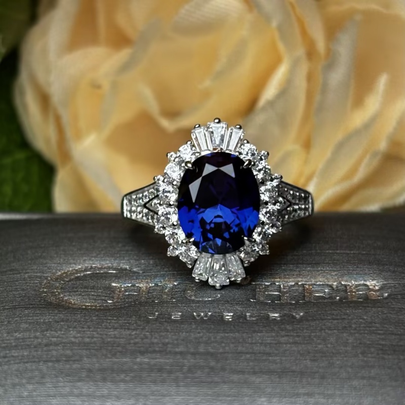 Original Design - 4ct Oval Cut Blue Sapphire & White Moissanite Engagement Ring
