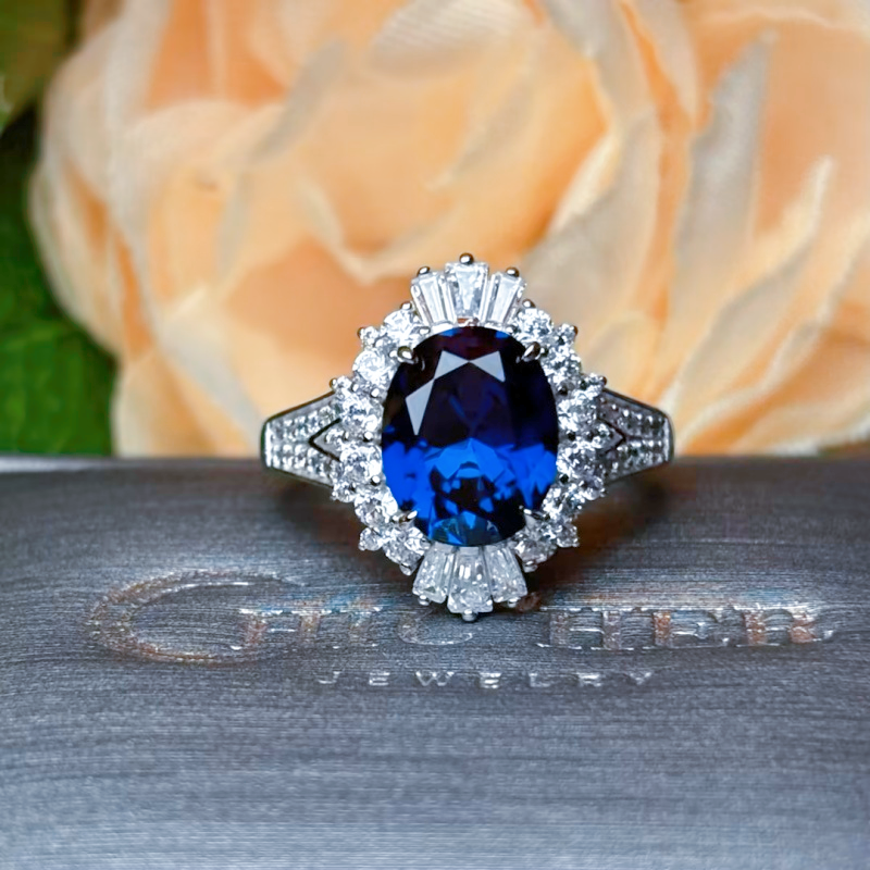 Original Design - 4ct Oval Cut Blue Sapphire & White Moissanite Engagement Ring