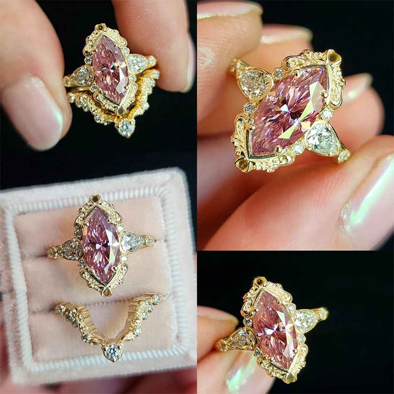 Vintage 1.5ct Marquise Cut Pink Sapphire Wedding Set