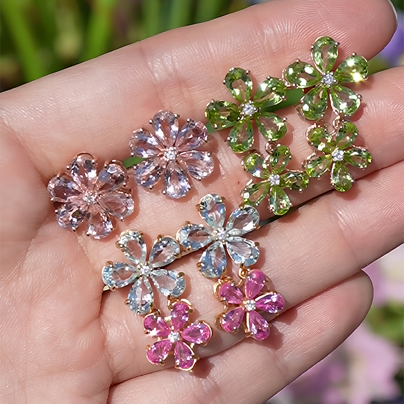 Petals Design Pear Cut Green Sapphire Earrings