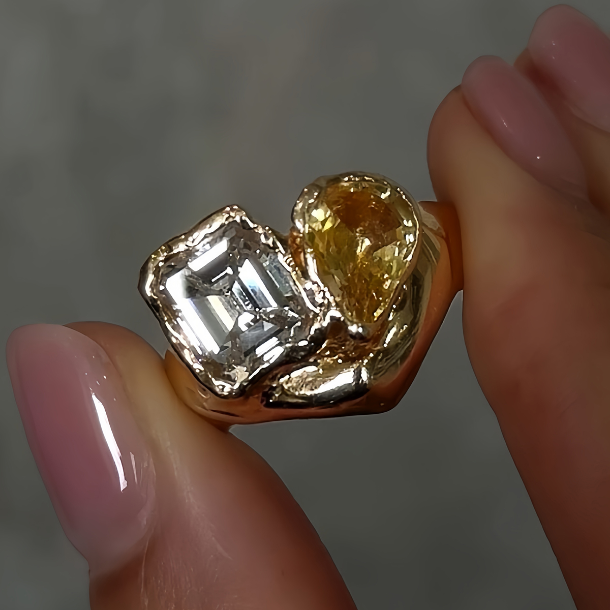 Toi et Moi Yellow & White Sapphire Emerald & Pear Cut Ring