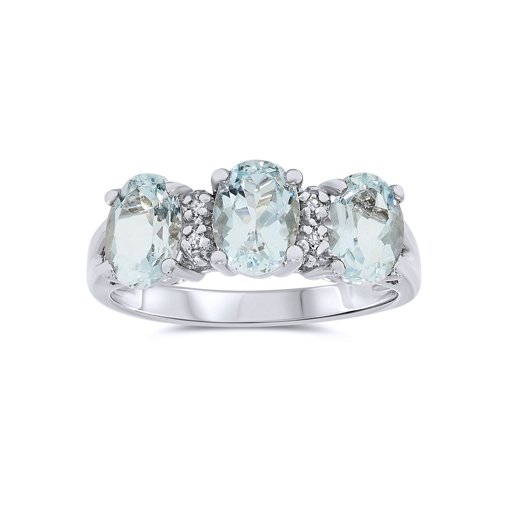 Oval Cut Aquamarine & White Sapphire  Three-Stone Ring