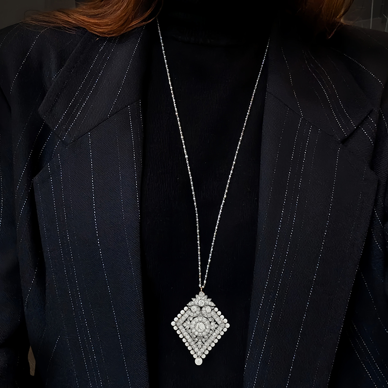 Convertible White Sapphire & Pearl Vintage Motif Brooch-Necklace