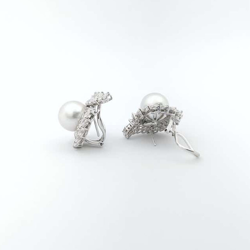 Art Deco Pearl&White Sapphire Stud Earrings