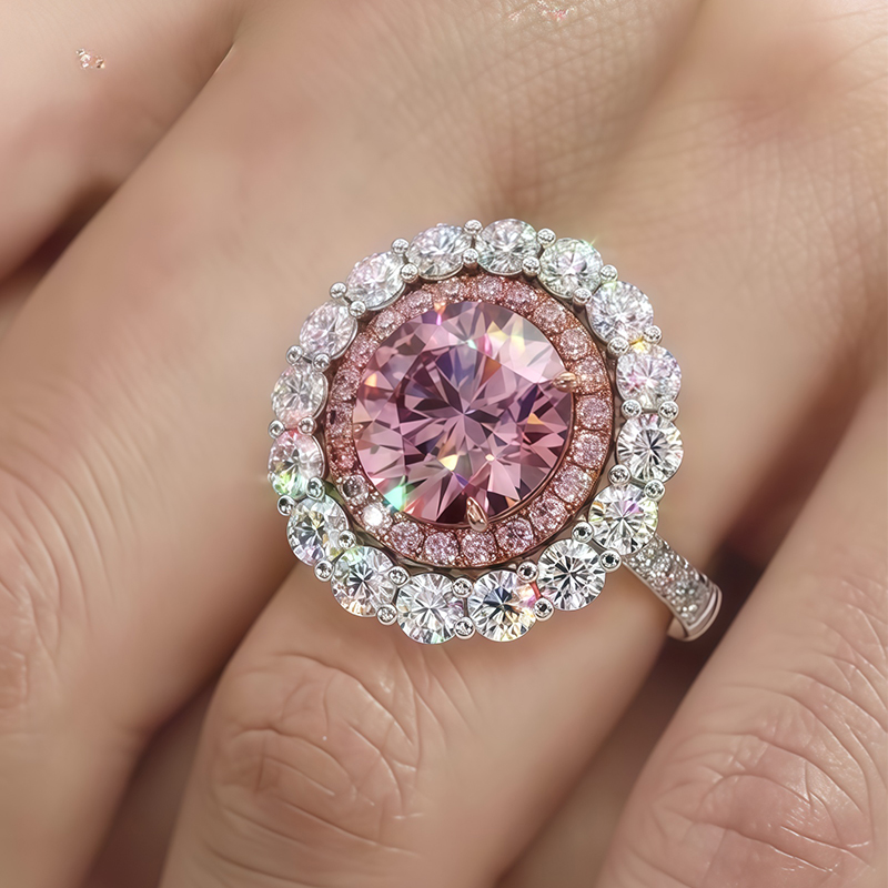 Round Brilliant Cut Pink Sapphire & Double Halo Engagement Ring