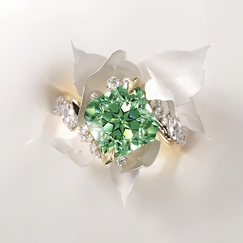 3ct Cushion Cut Mint Green Sapphire & White Sapphire Asymmetrical Cluster Ring